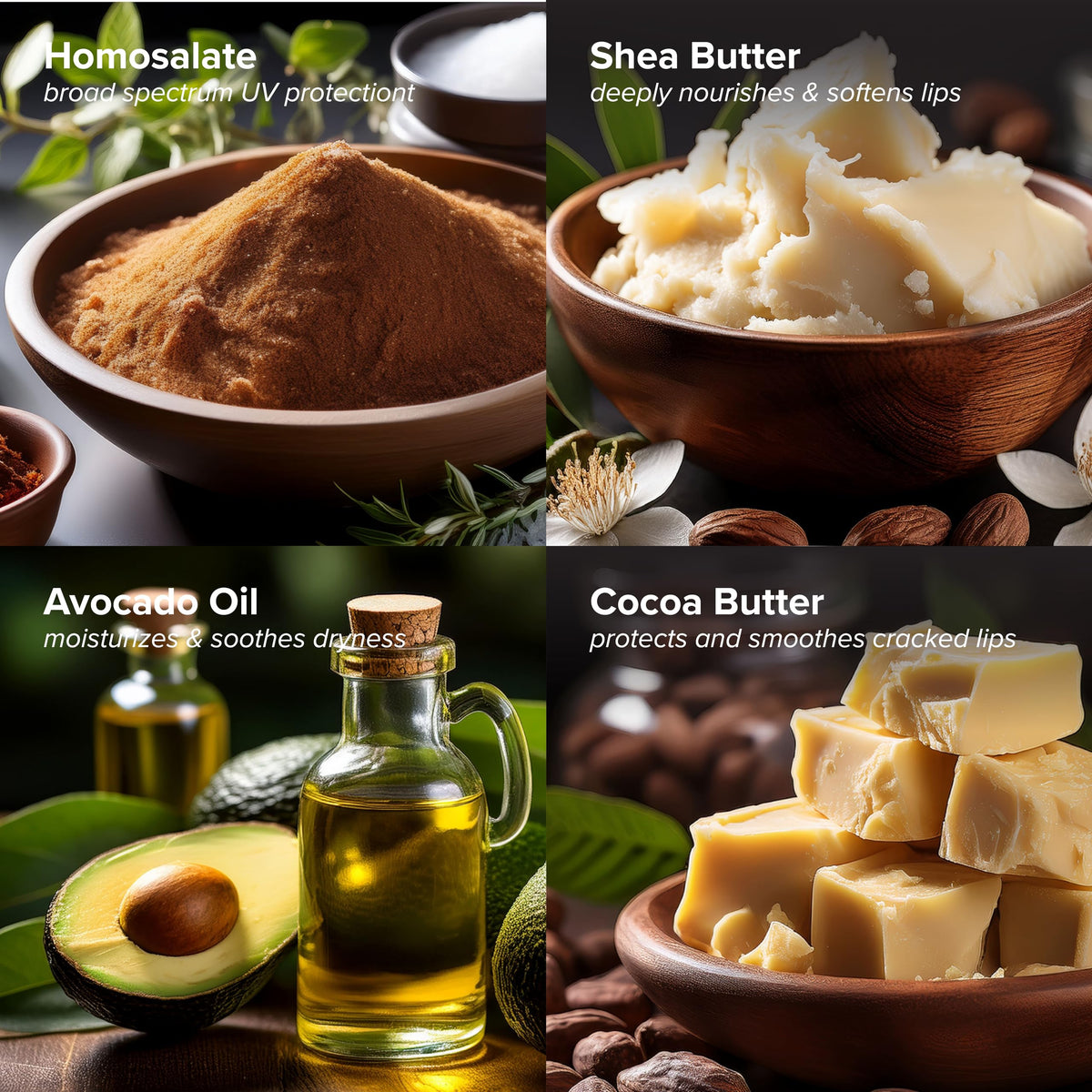 DRMTLGY avocado shea cocoa butter trio depiction showing nourishing emollients