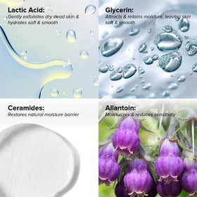 DRMTLGY label details ingredients list highlighting lactic acid, urea and ceramides benefits