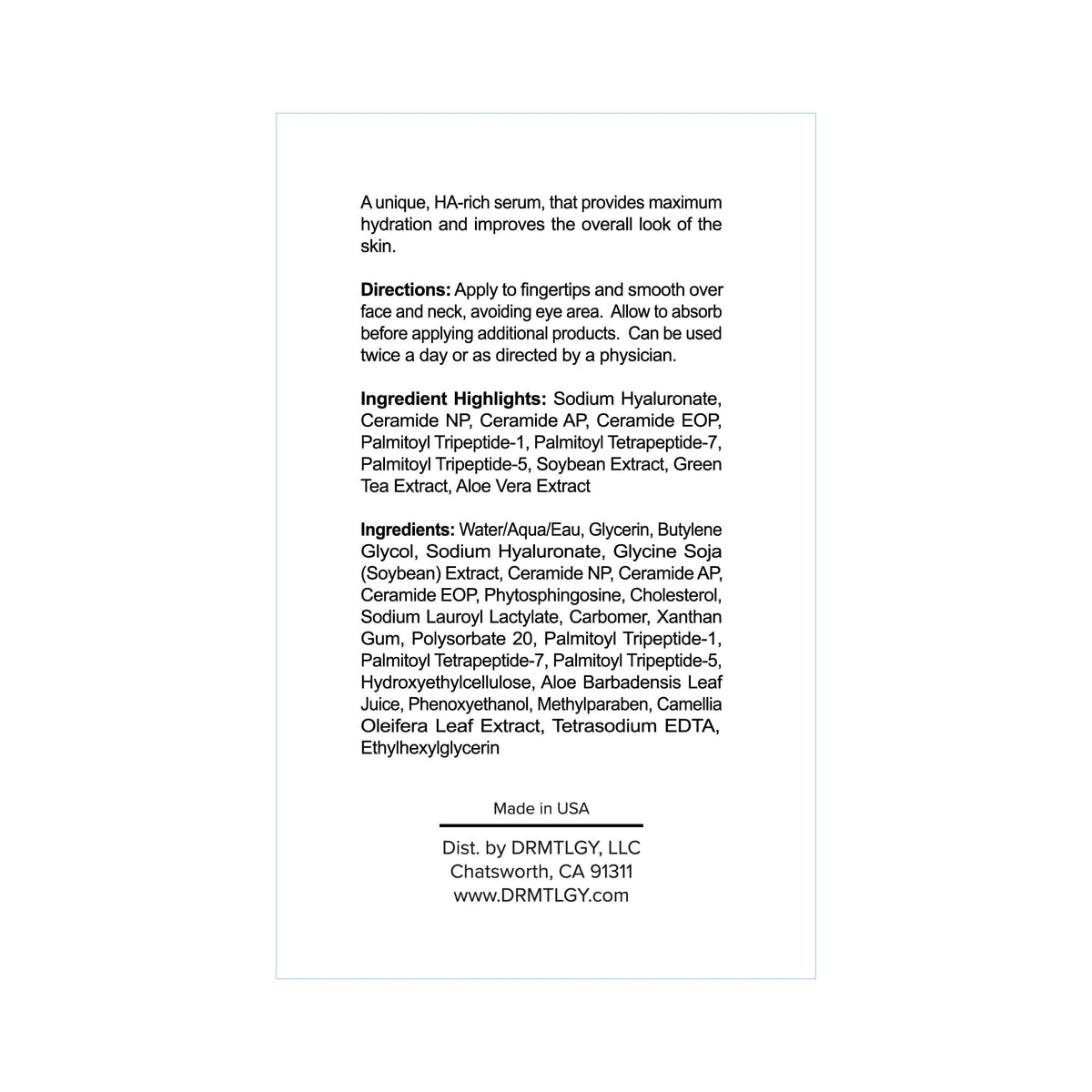 DRMTLGY label and ingredients panel highlighting antioxidants and HA
