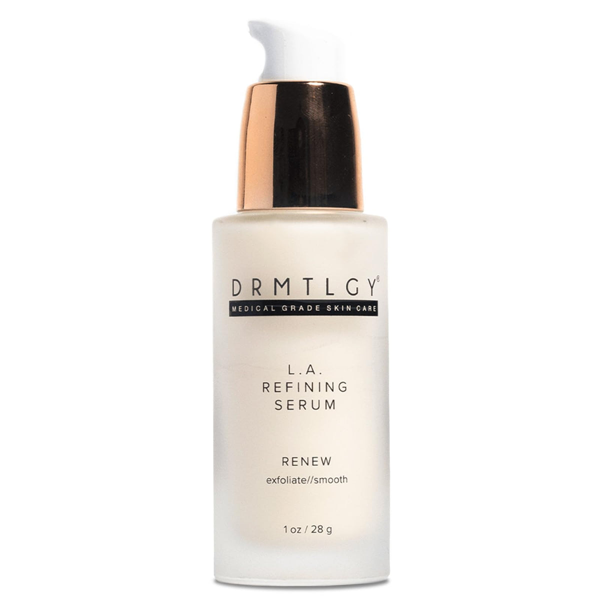 DRMTLGY bottle front view showing lactic acid serum, highlights exfoliating benefits