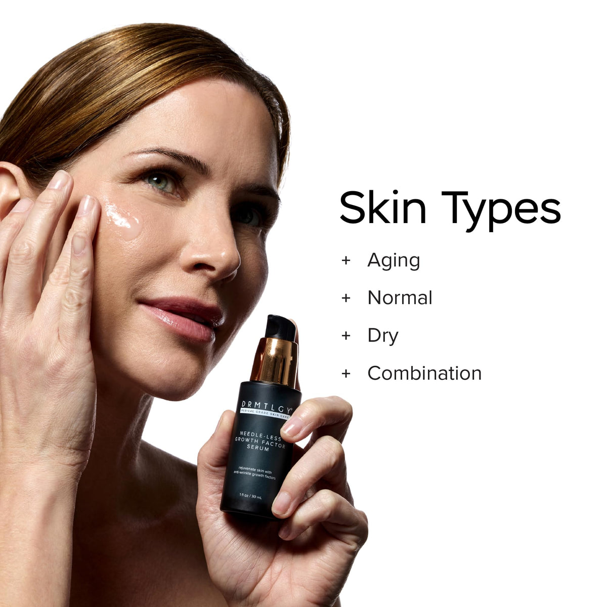 DRMTLGY vanity scene with serum placed among skincare items showing lifestyle use benefit