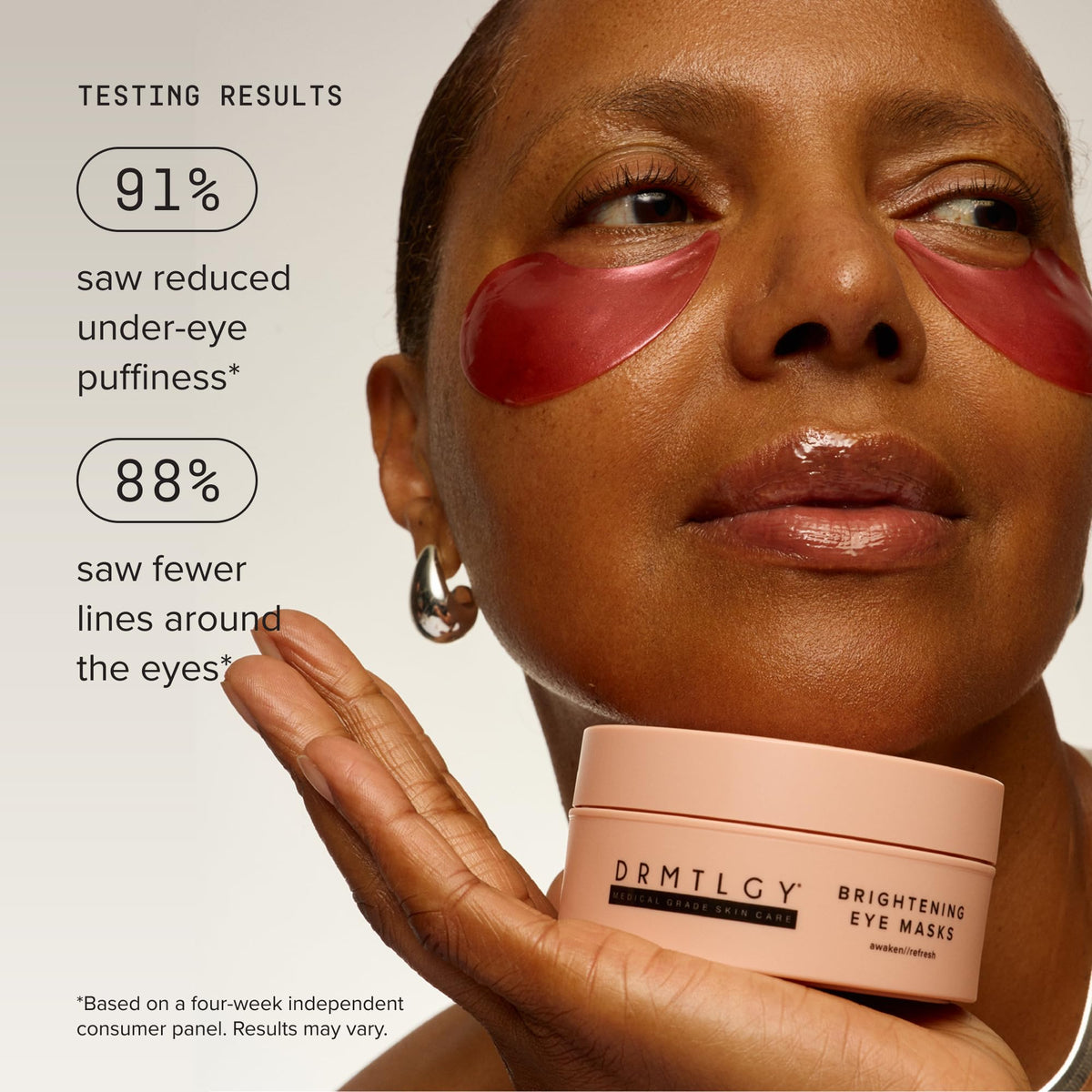 DRMTLGY application under eye demonstrating depuffing and smoothing benefit