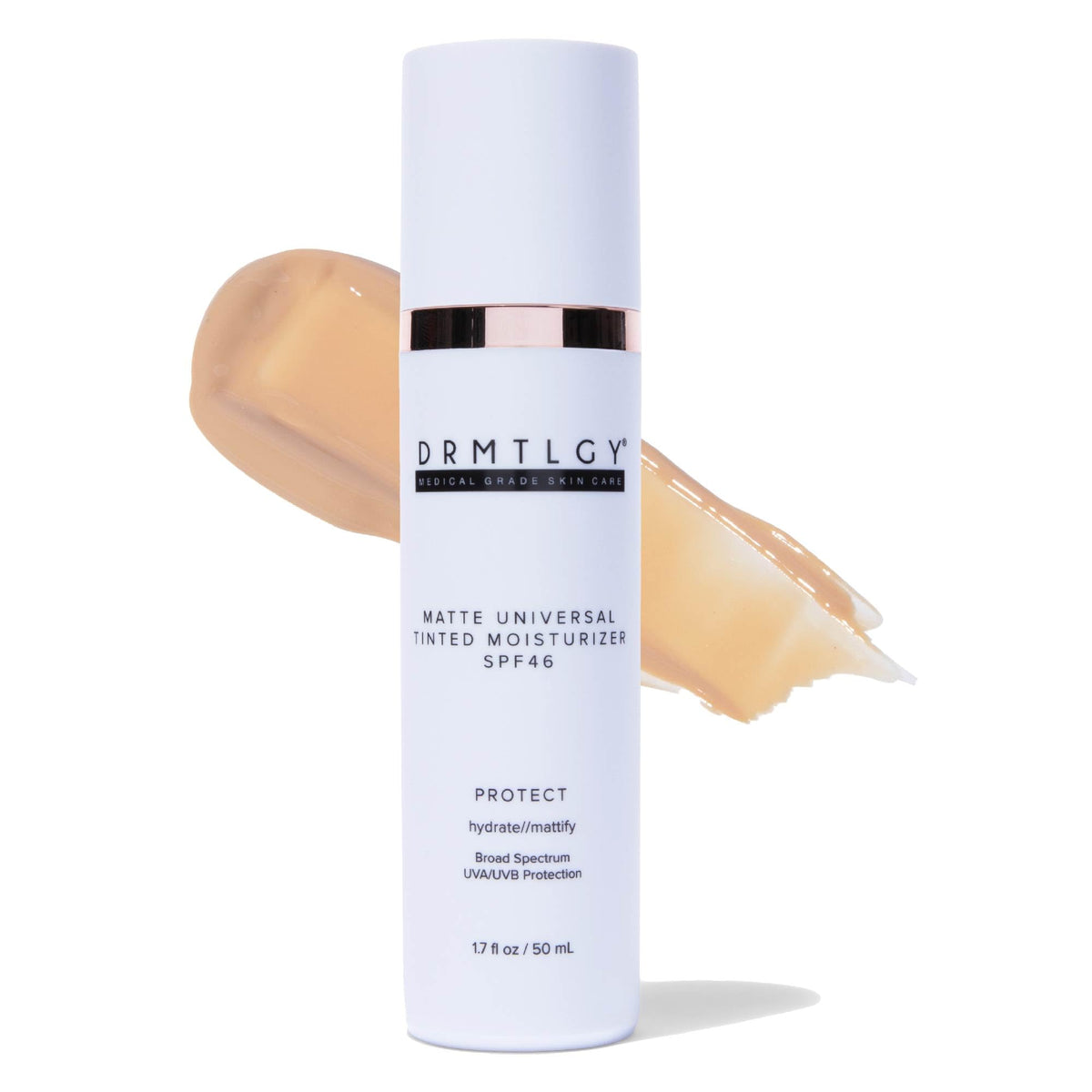 DRMTLGY front packaging showing matte tinted moisturizer and SPF benefit