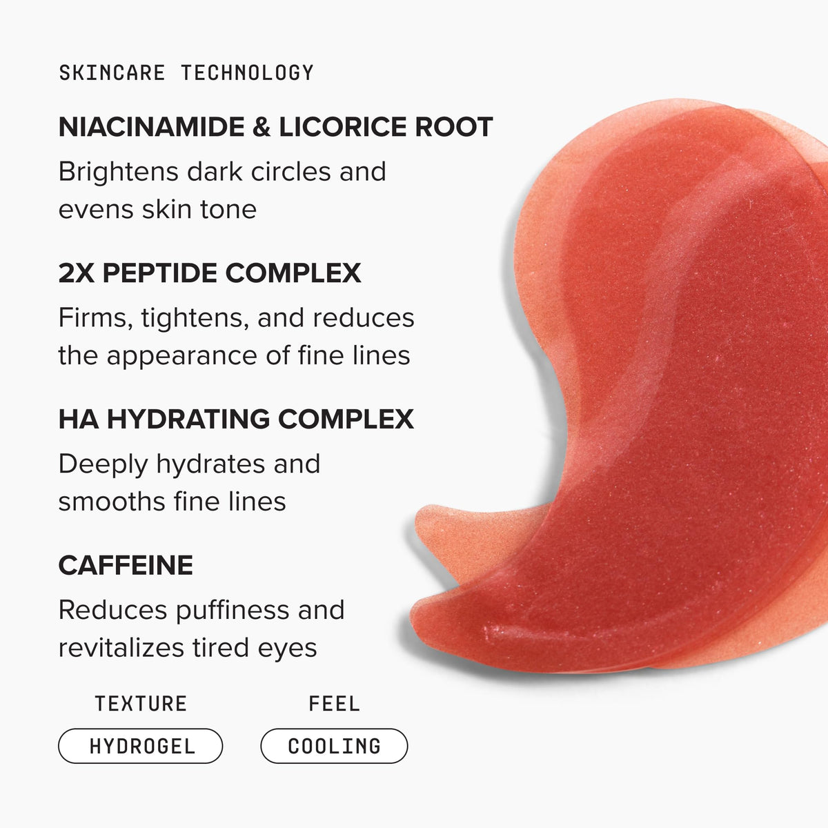 DRMTLGY label close-up showing key actives like caffeine and hyaluronic acid