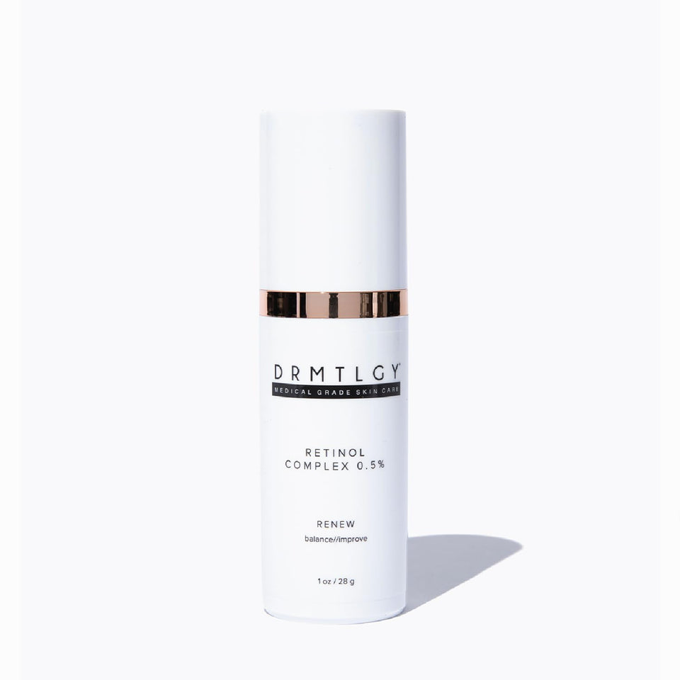 DRMTLGY front packaging of 0.5% retinol serum showing product benefits