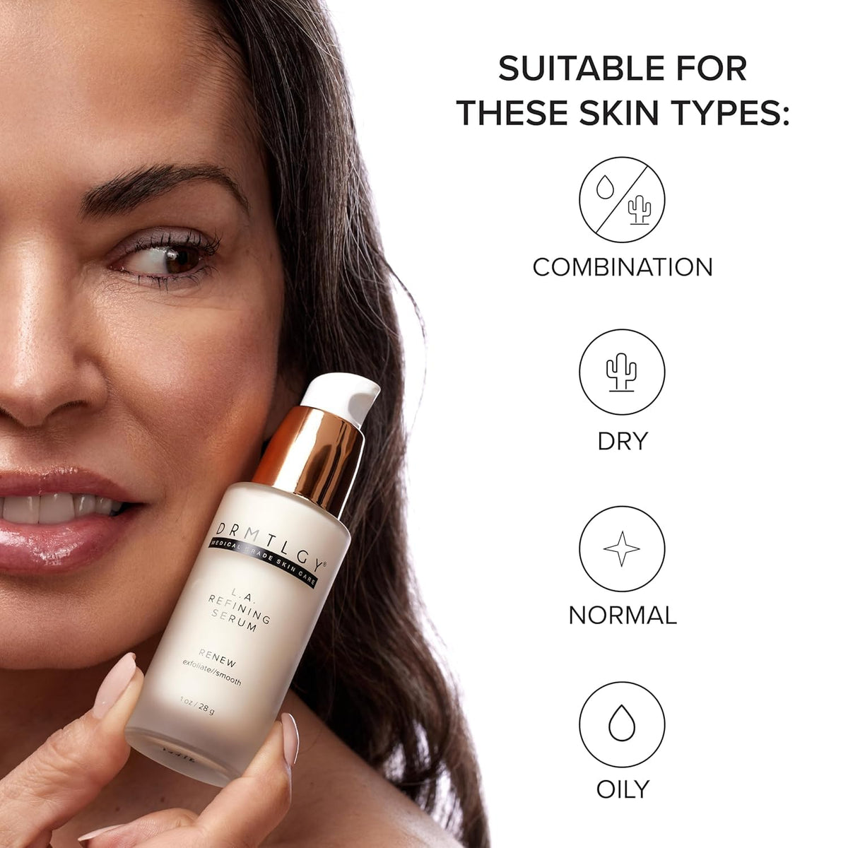DRMTLGY serum on hand demonstrating texture and easy spread for smoother skin