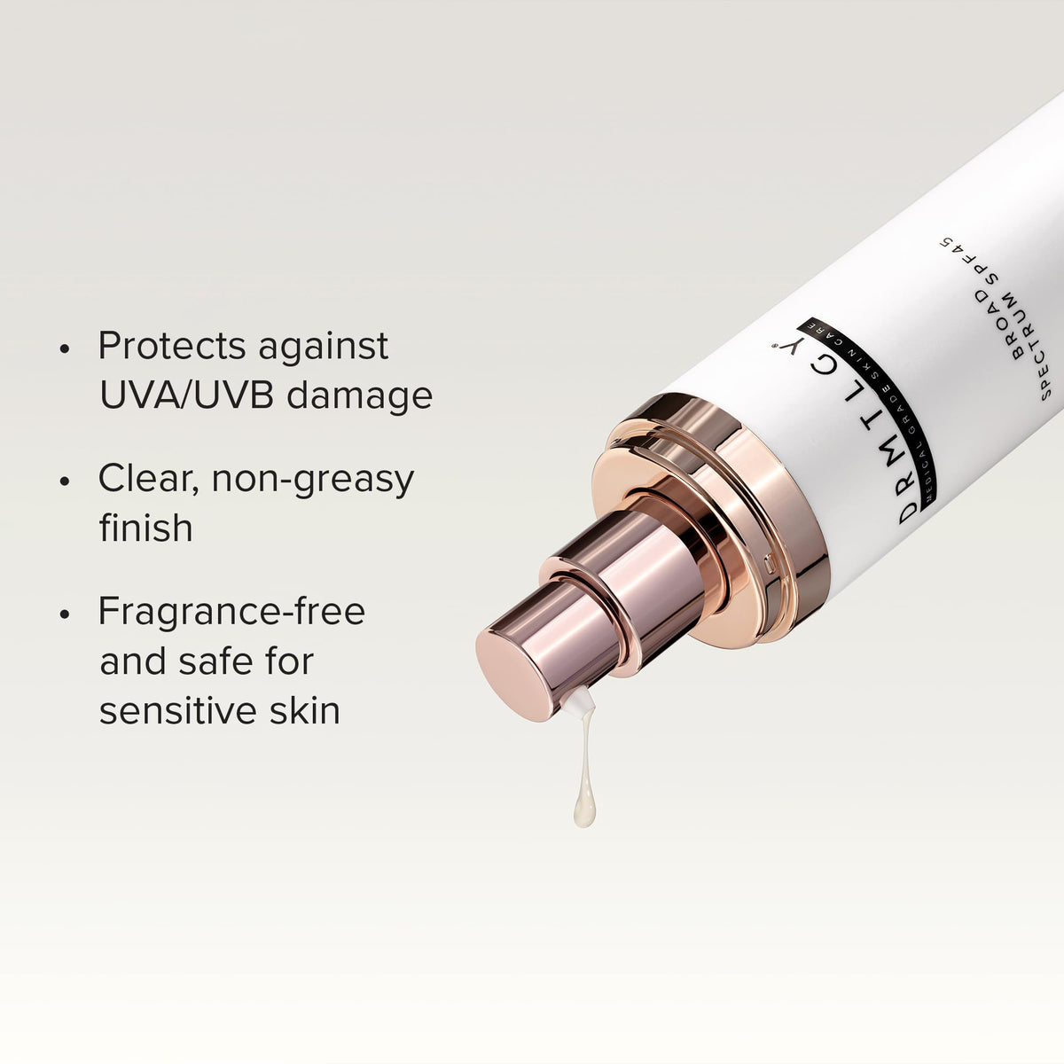 DRMTLGY pump and cap detail highlighting mess-free dispensing