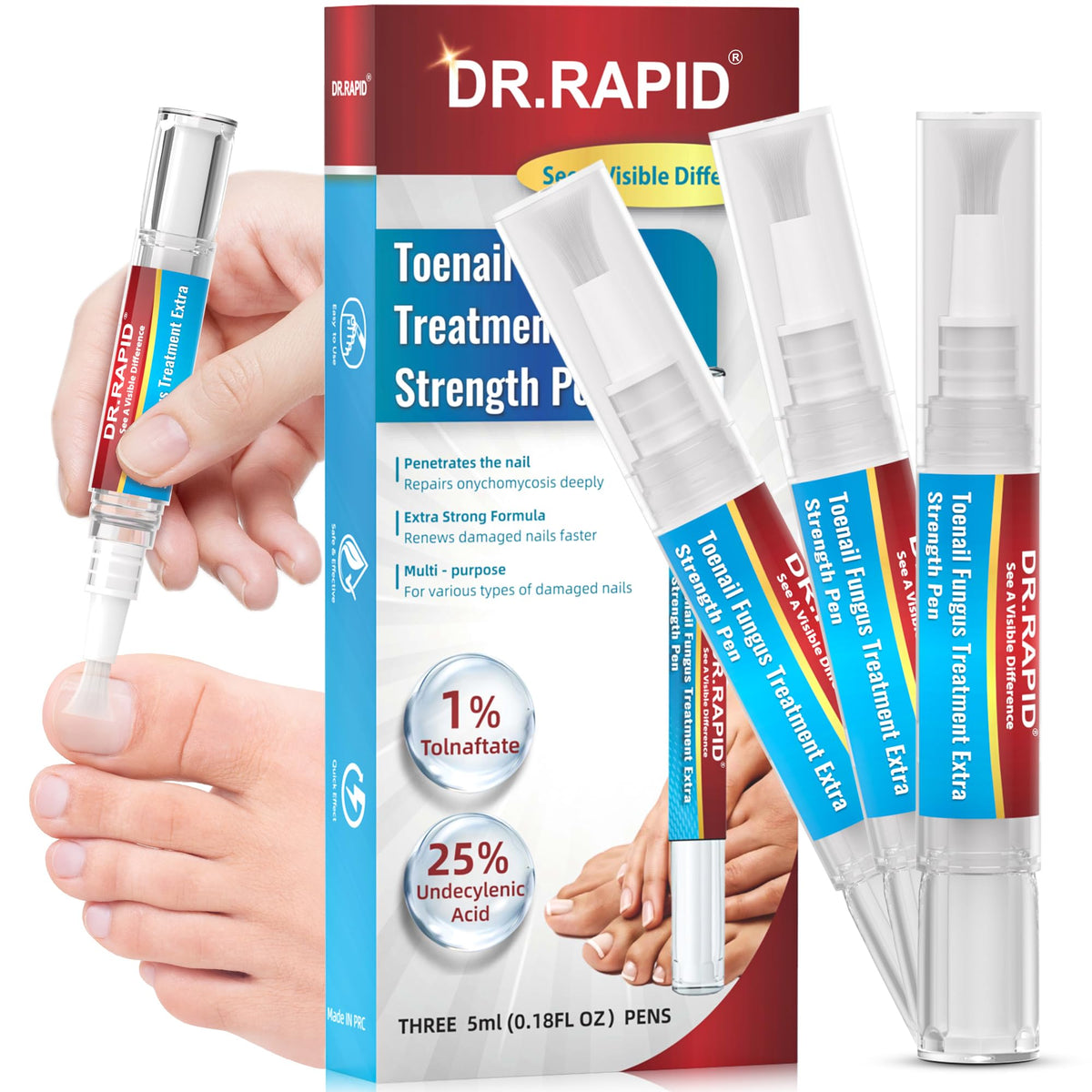 DR.RAPID front packaging showing three pens and clear benefits