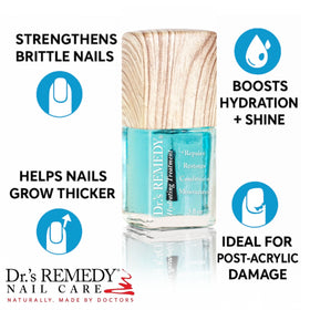 Dr.'s Remedy trio arranged on a vanity to illustrate at-home nail care convenience
