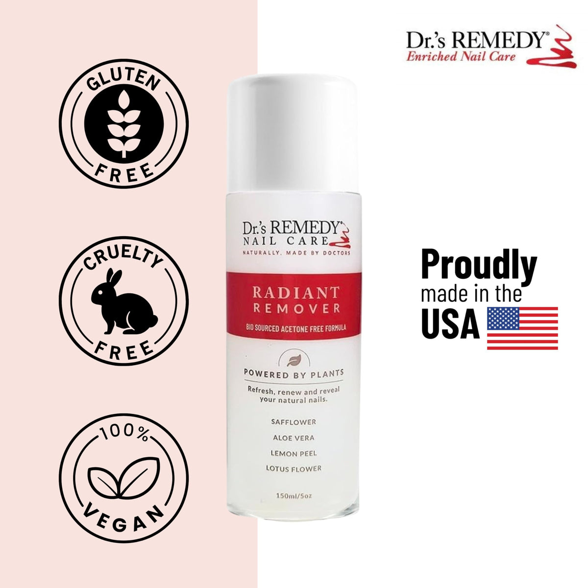 Dr.'s Remedy bottle beside cotton pads ready for easy, less-drying removal