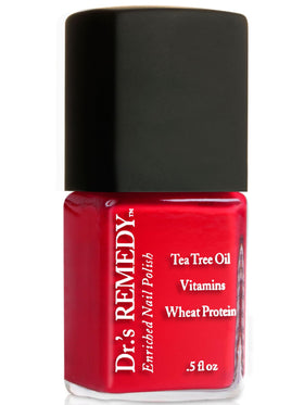 Dr.'s Remedy bottle front view showing coral red shade and non-toxic benefit