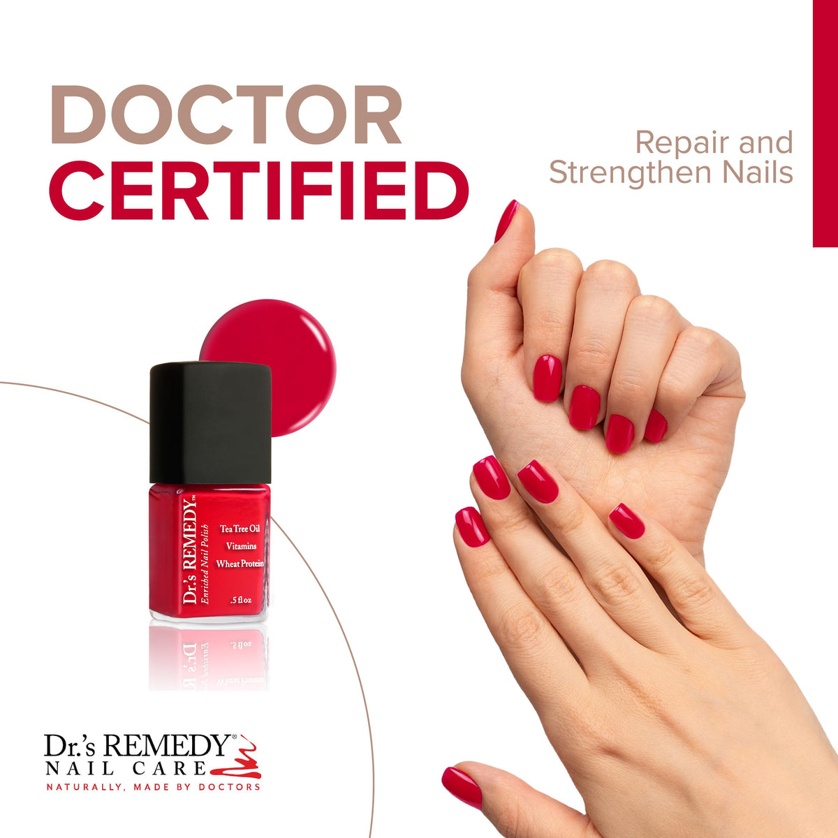 Dr.'s Remedy brush stroke of coral red illustrating smooth application and coverage
