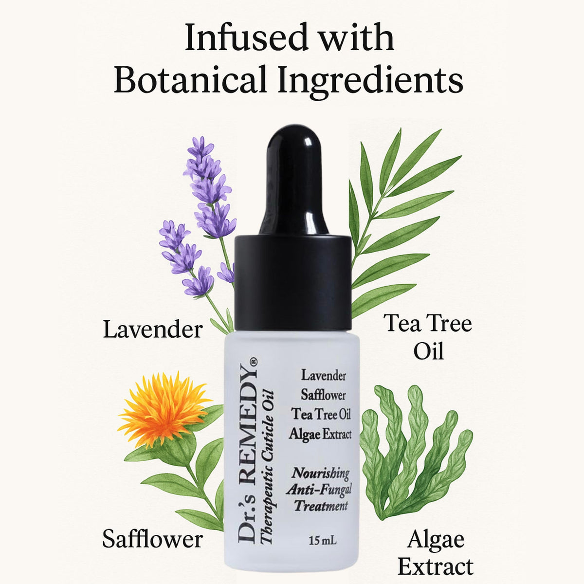 Dr.'s Remedy oil beside tea-tree and lavender illustrating natural ingredient benefits