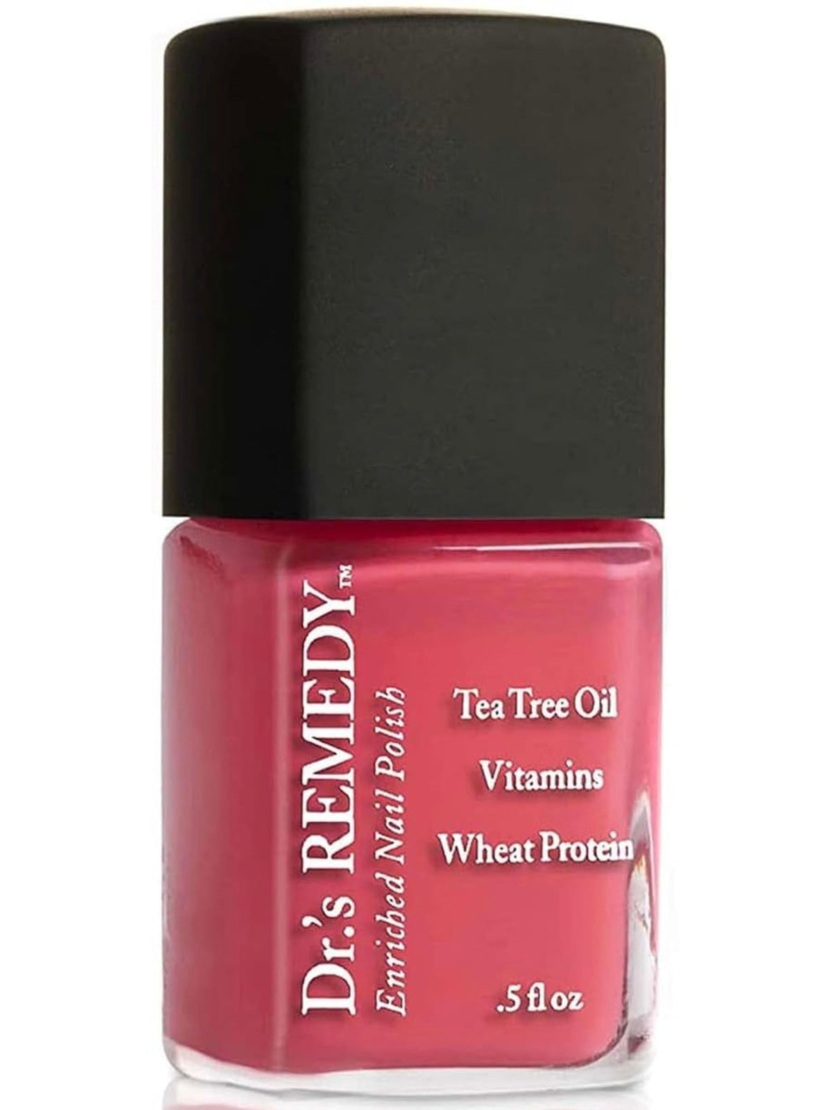 Dr.'s Remedy bottle front view showing pink coral shade and glossy finish benefit