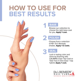 Dr.'s Remedy applied in a manicure on hand demonstrating strengthened, polished nails