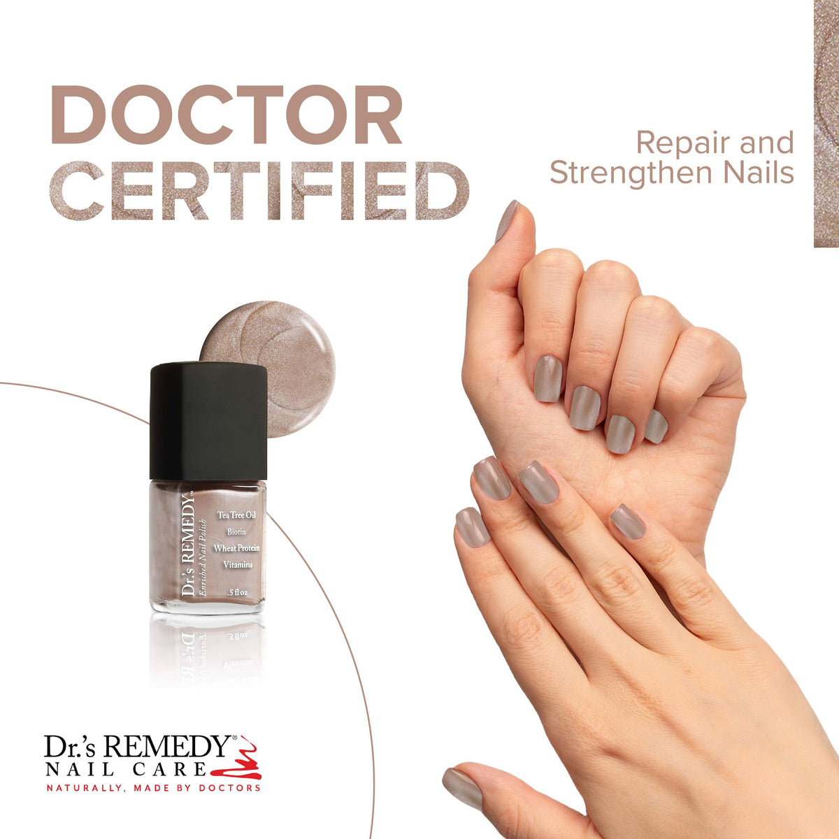 Dr.'s Remedy angled bottle highlighting polish color and premium finish benefit