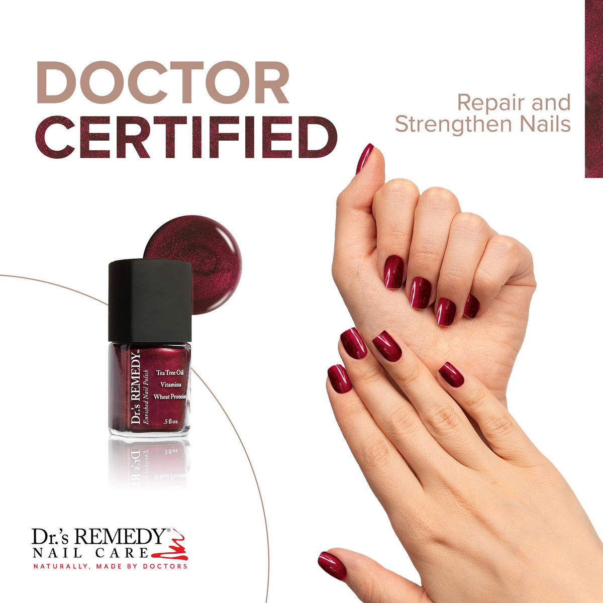 Dr.'s Remedy swatch on skin demonstrating true ruby red pigment and smooth finish