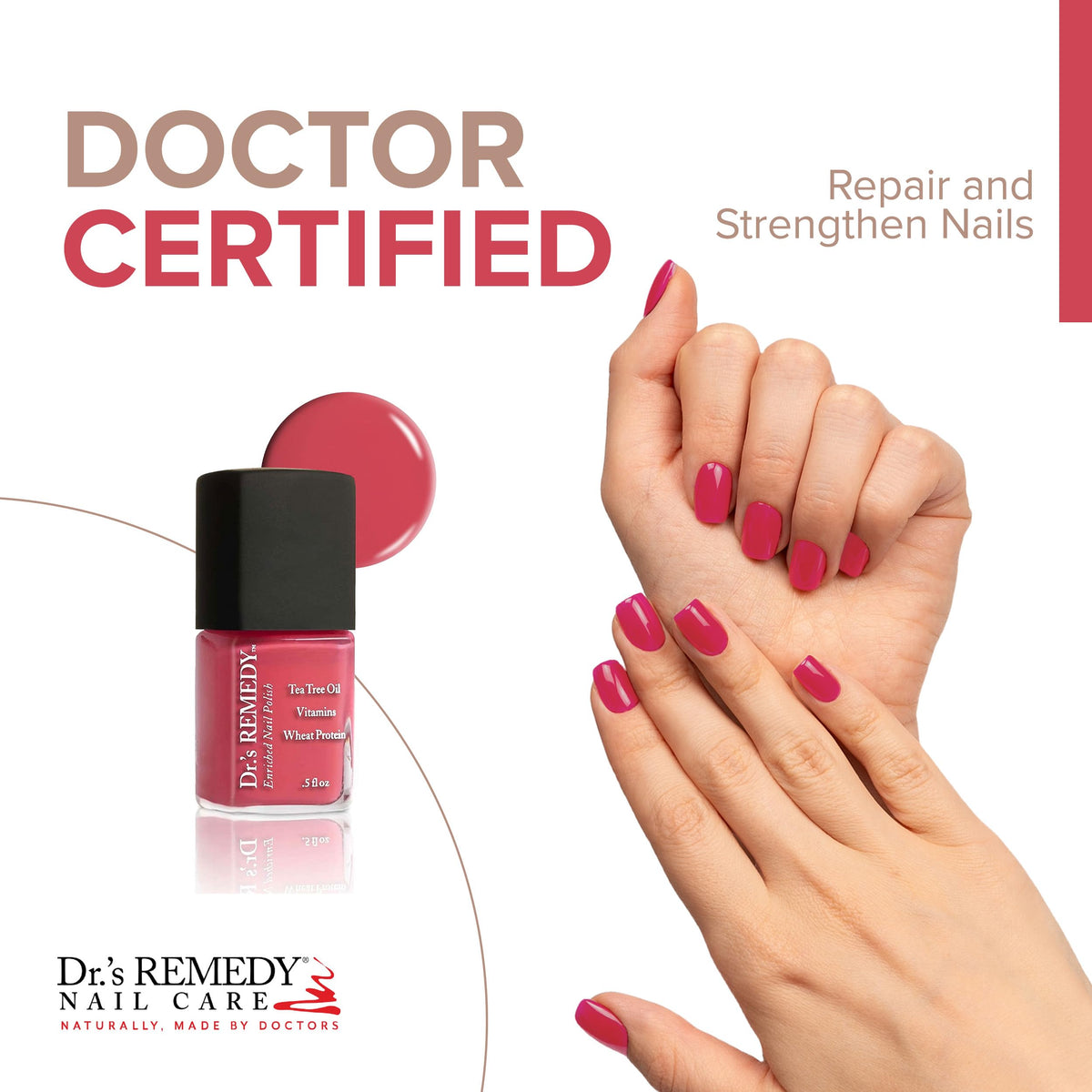 Dr.'s Remedy arm swatch showing true PEACEFUL Pink Coral color for accurate choice