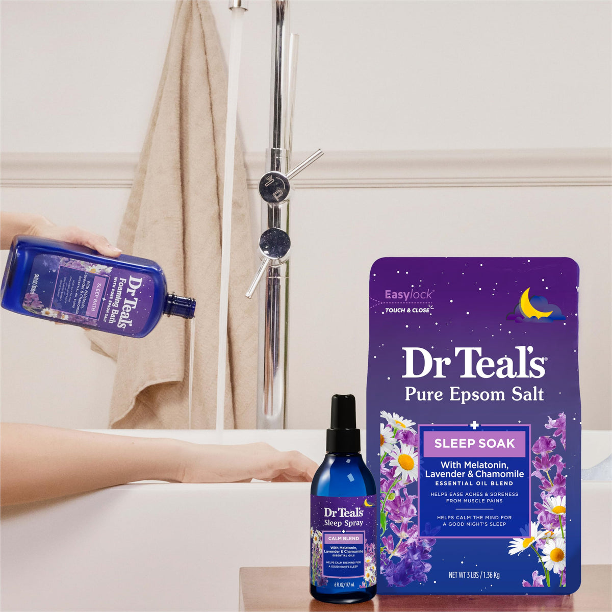 Dr Teal's in a bathroom evening scene for nighttime relaxation routine