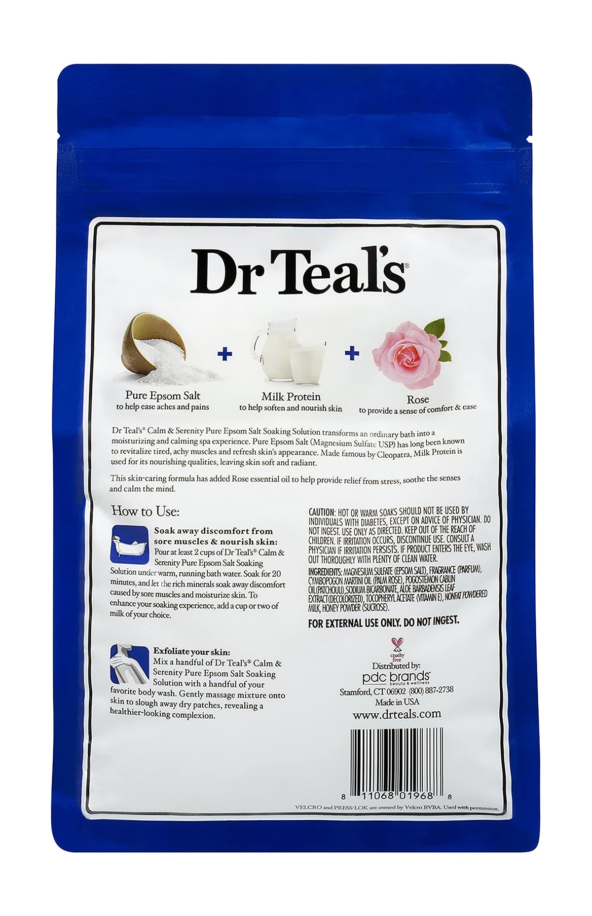 Close-up of Dr.Teal's product label showing ingredient highlights and safety benefit