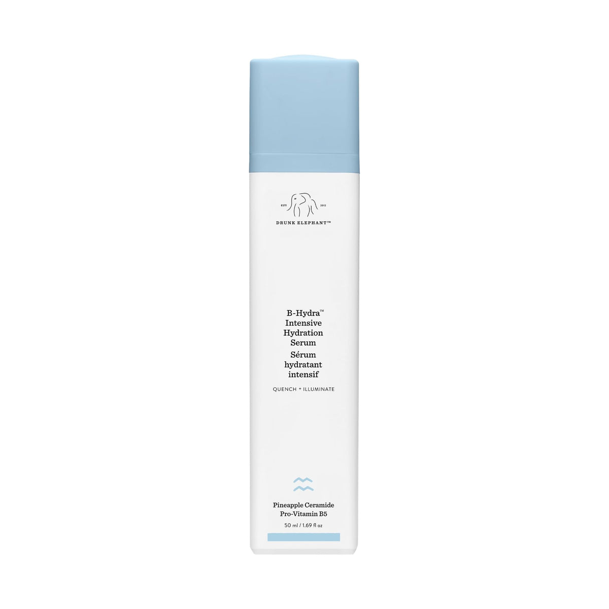 Drunk Elephant front packaging showing 50 ml bottle and branding, highlights clean formulation