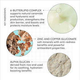 Drunk Elephant Bora ingredient display with zinc and copper gluconates emphasizing redness calming benefits