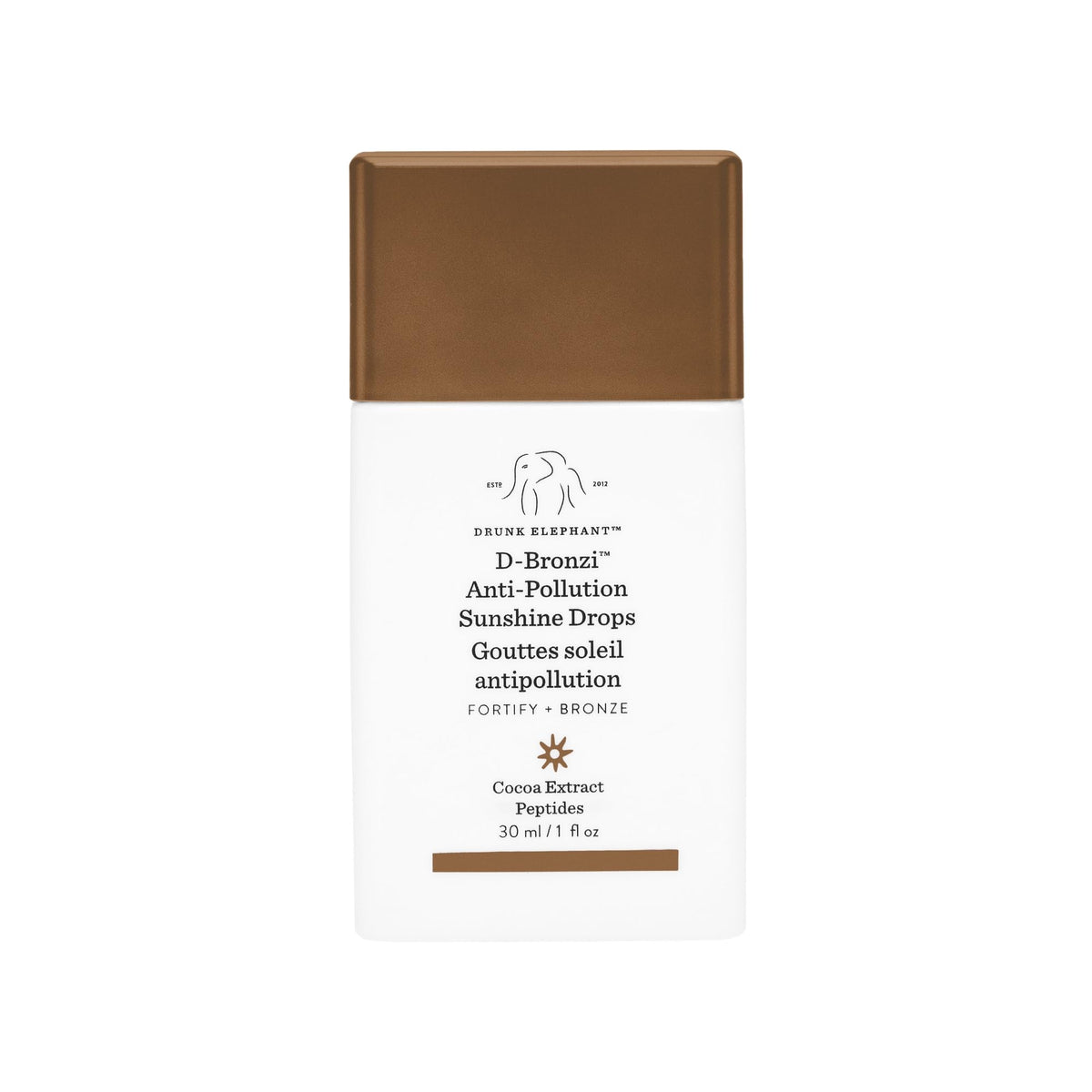 Drunk Elephant D-Bronzi front packaging showing bottle and label, clear product benefit