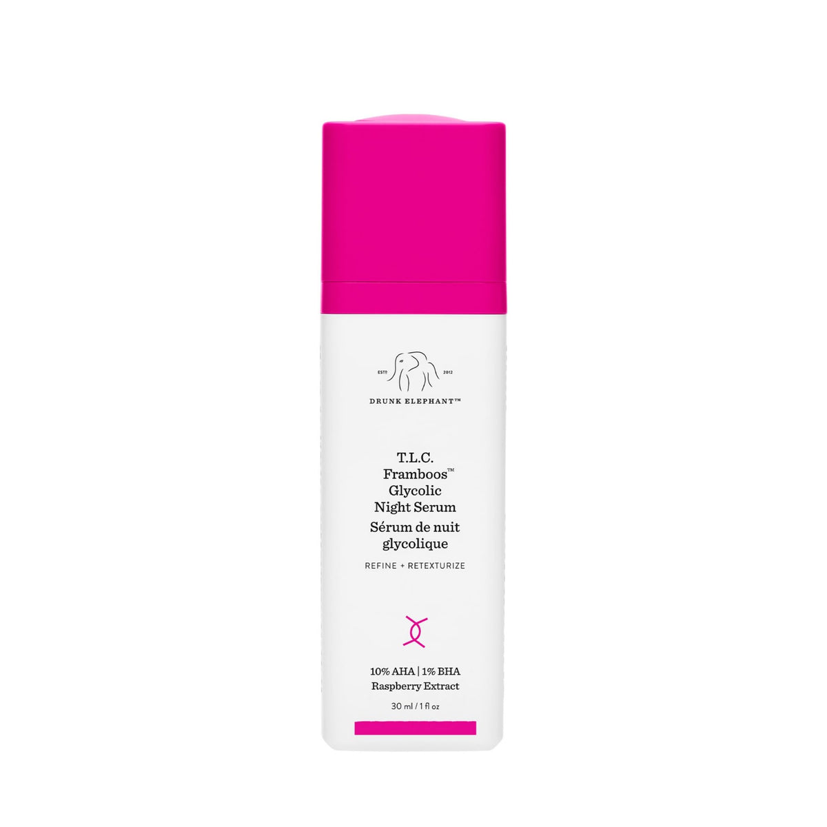 Drunk Elephant Framboos front packaging shows bottle and brand, highlighting clean clinical design