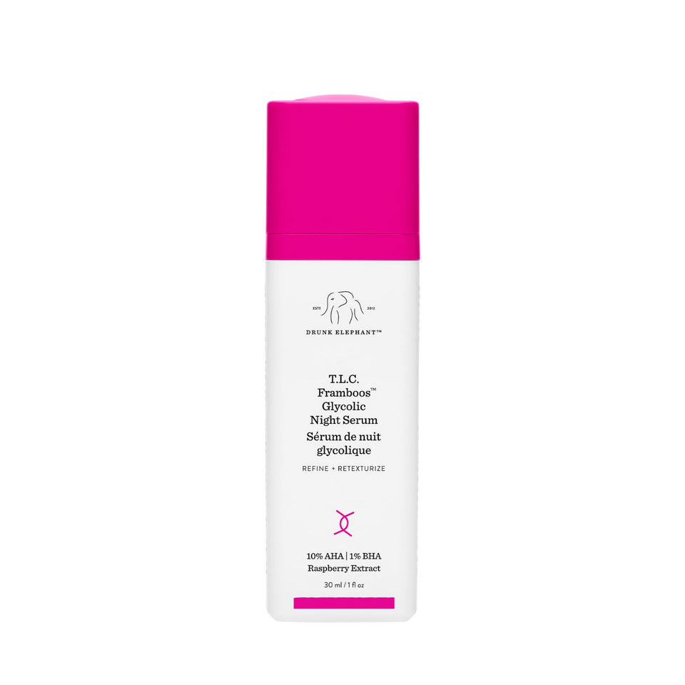 Drunk Elephant Framboos front packaging shows bottle and brand, highlighting clean clinical design