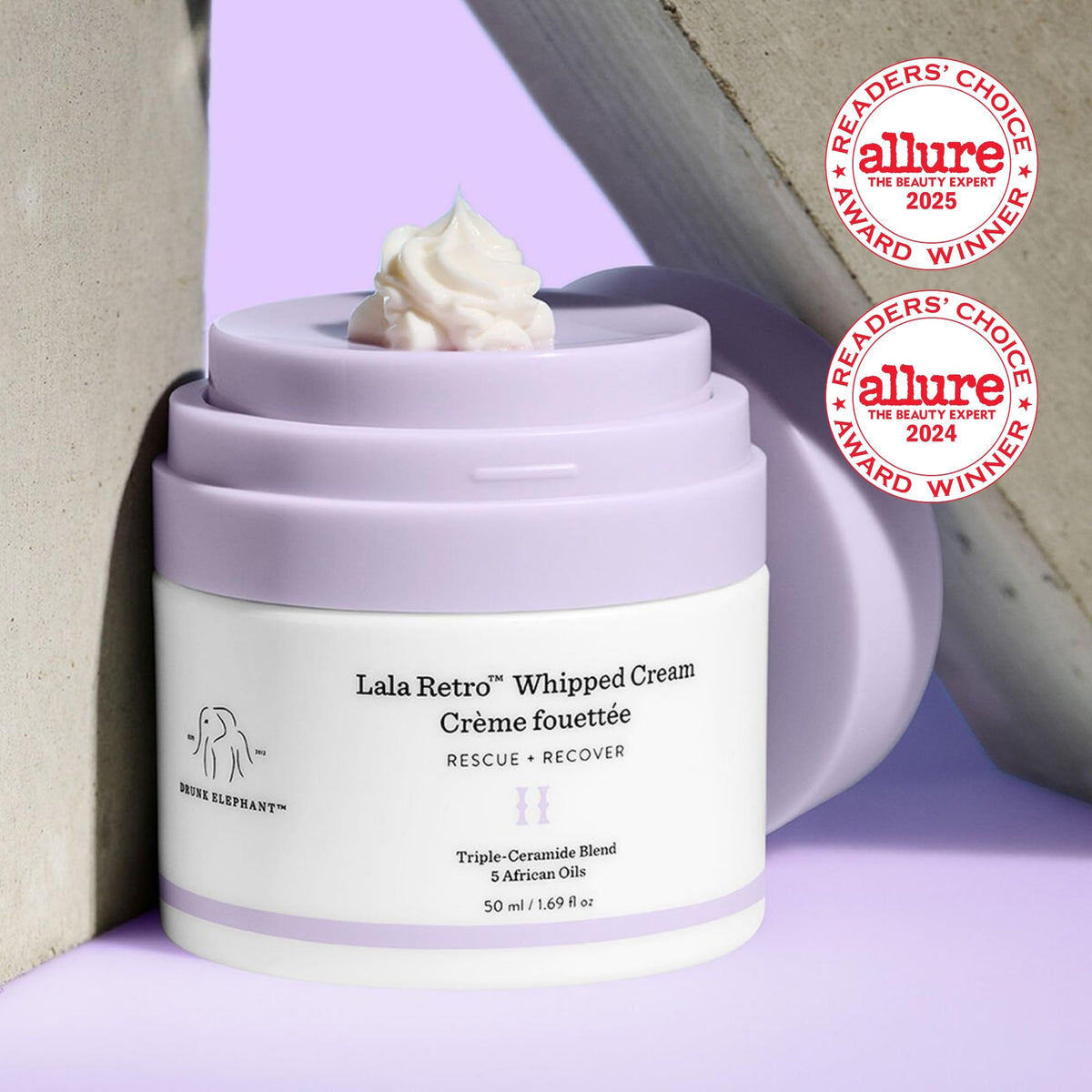 Drunk Elephant open jar showing whipped cream texture, demonstrates lightweight spreadability