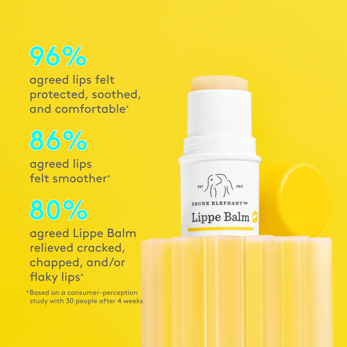 Drunk Elephant Lippe Balm tube closeup highlighting label and applicator detail