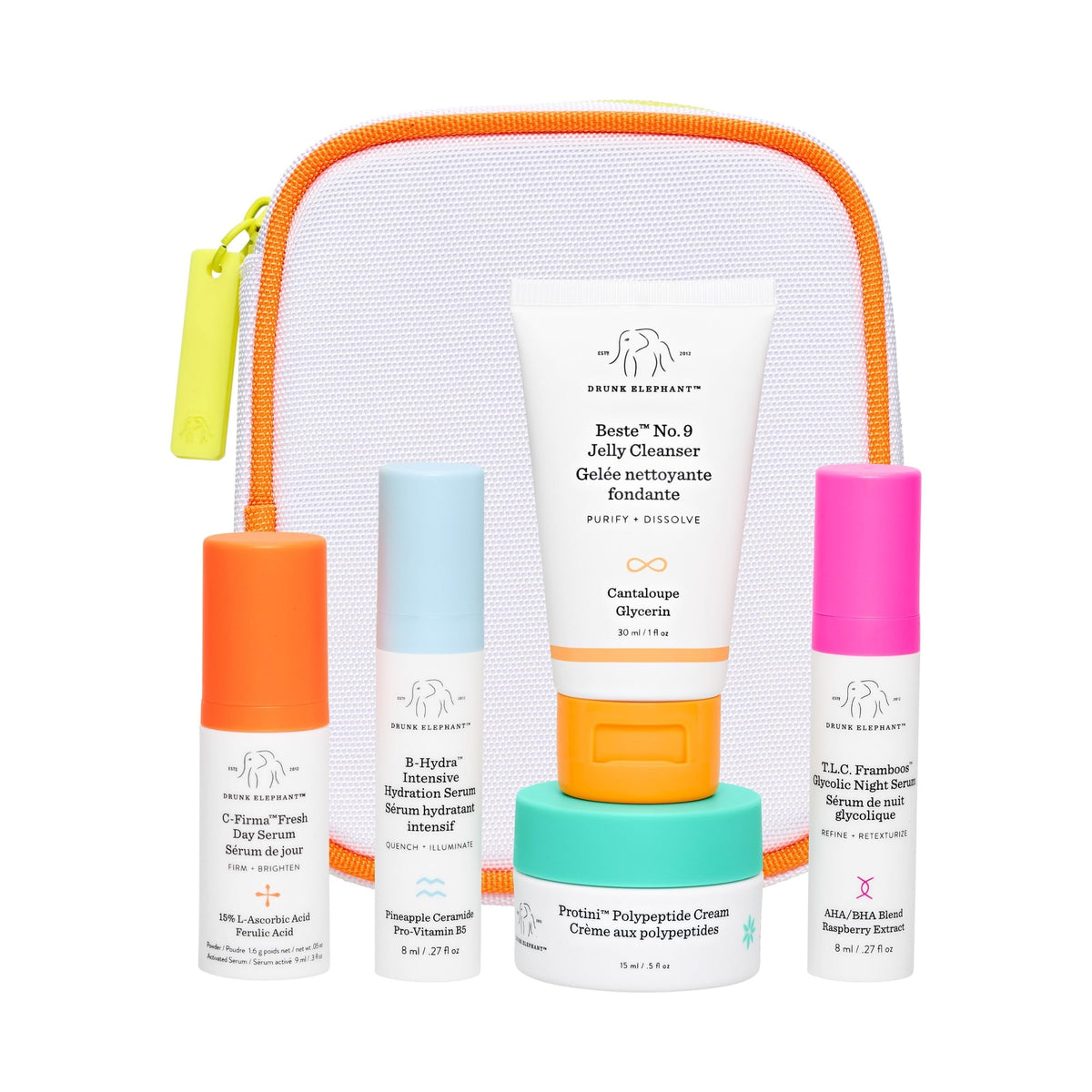 Drunk Elephant front packaging showing five travel-size products and benefits
