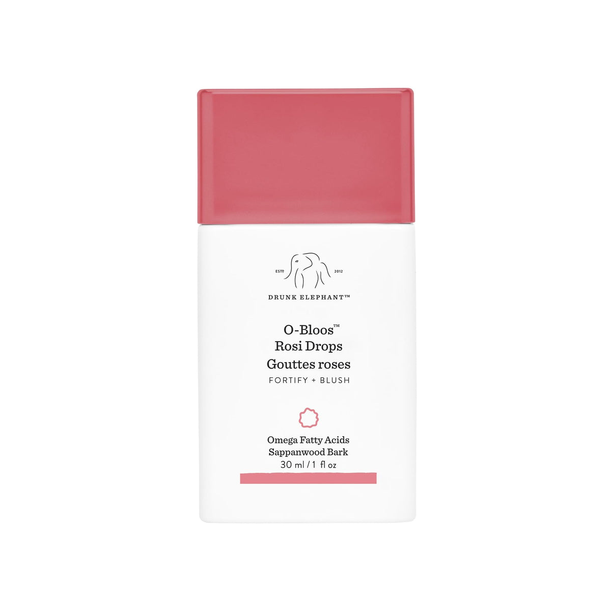Drunk Elephant front bottle shot showing peachy-pink serum and clean packaging benefit