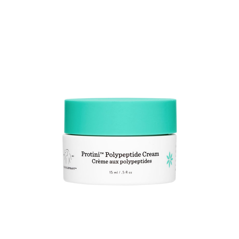 Drunk Elephant Protini front jar showing compact travel-friendly packaging and firmness benefit