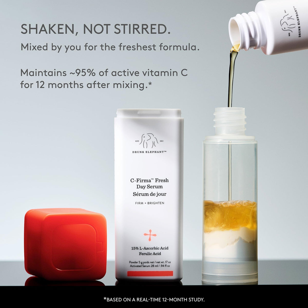 Drunk Elephant serum on bathroom shelf illustrating morning routine use