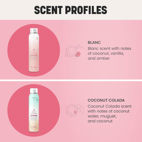 Coconut Colada scent notes visual with Drybar bottle benefit