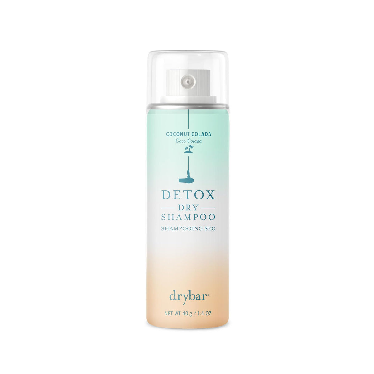 Drybar Detox front packaging showing travel-size can and coconut colada scent benefit