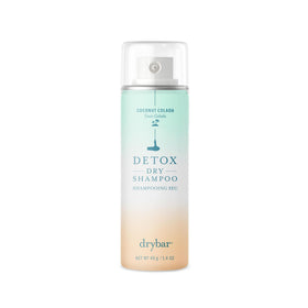 Drybar Detox front packaging showing travel-size can and coconut colada scent benefit