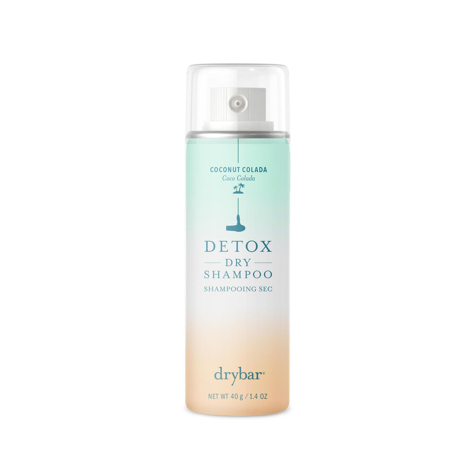 Drybar Detox front packaging showing travel-size can and coconut colada scent benefit