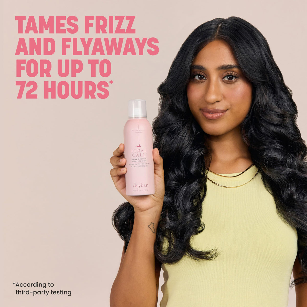 Applying Drybar Final Call on a model to tame flyaways and enhance shine instantly