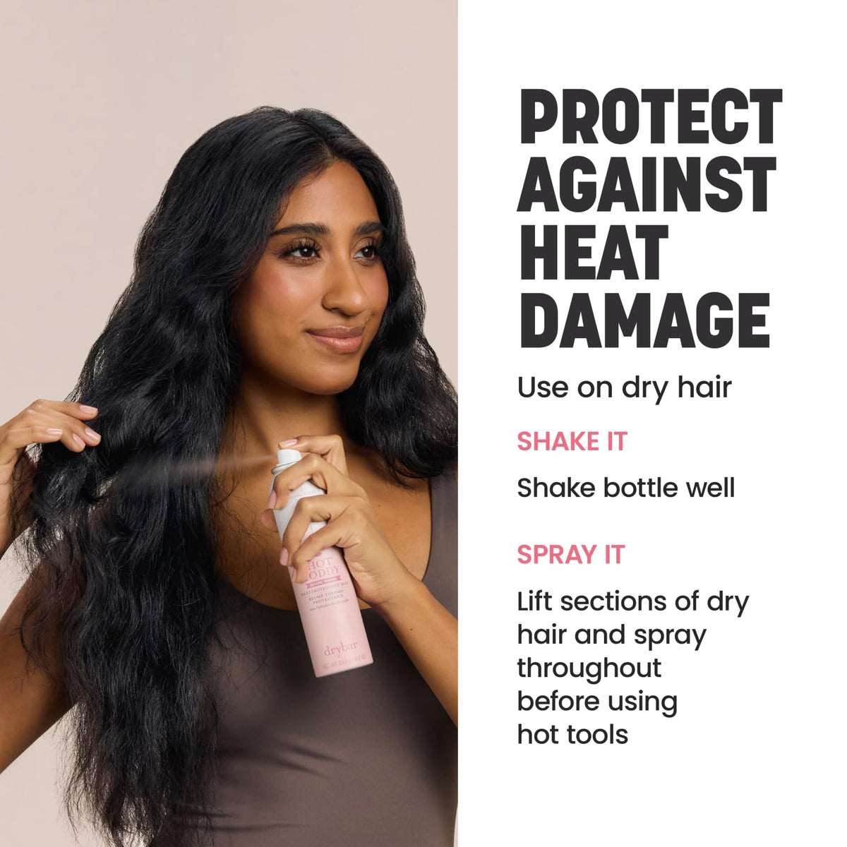 Drybar bottle on bathroom counter in styling routine benefit