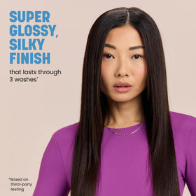 Shiny, smooth hair after blowout using Drybar Liquid Glass for long-lasting frizz resistance