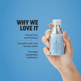 Drybar Liquid Glass next to a hand to show product size and travel-ready benefit