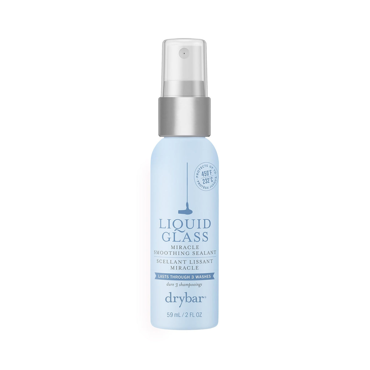 Drybar travel bottle front view showing brand and portable styling benefit