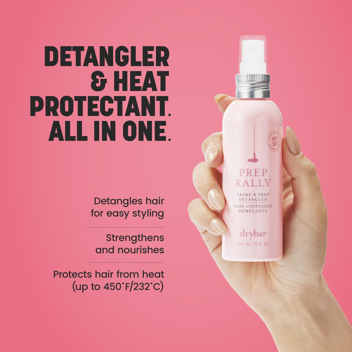 Drybar Prep Rally mist spraying close-up for even detangling and lightweight protection