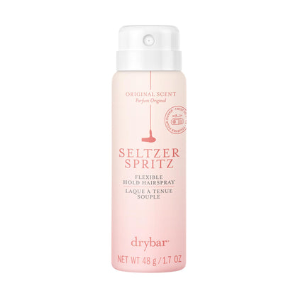 drybar front packaging of travel hairspray showing compact bottle and branding for convenient hold