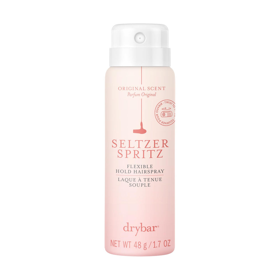 drybar front packaging of travel hairspray showing compact bottle and branding for convenient hold