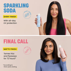 Drybar bottle beside Vitamin C visuals indicating brightening effect