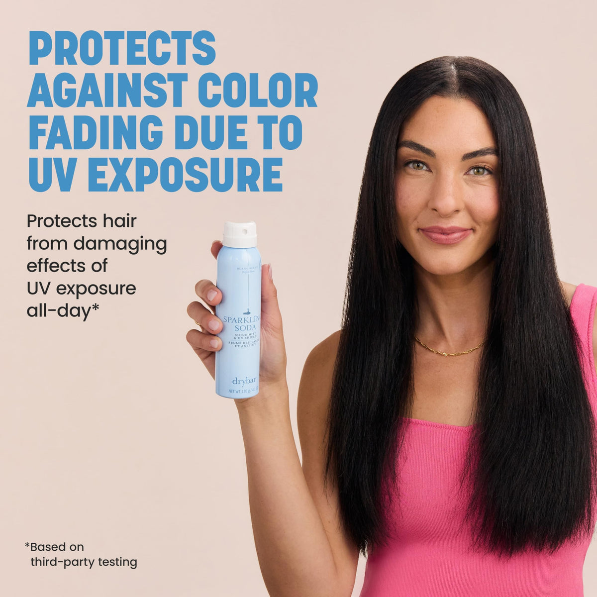 Close-up of Drybar label detailing UV protectant complex benefit