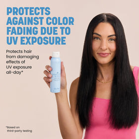 Close-up of Drybar label detailing UV protectant complex benefit